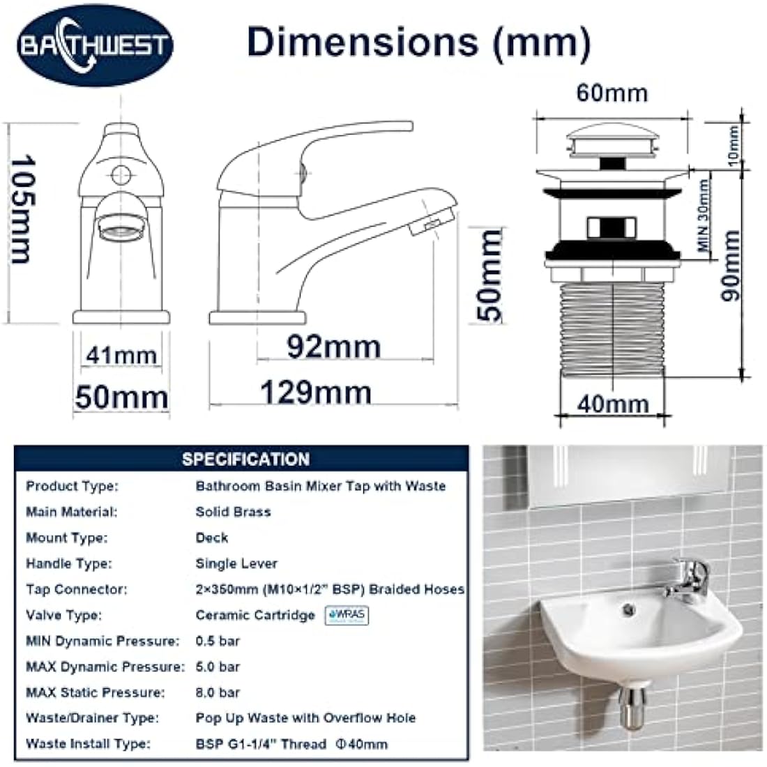 Jolof Store Brass Basin Mixer Tap | Chrome Monobloc Sink Faucet with Waste