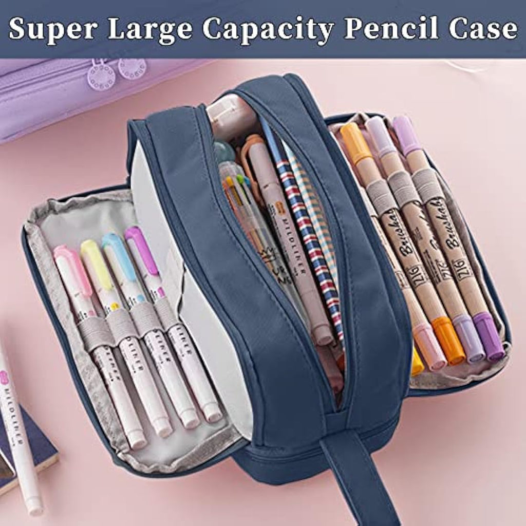 Tesmien Large Pencil Case | 4-Compartment Canvas Stationery Bag - Dark Blue
