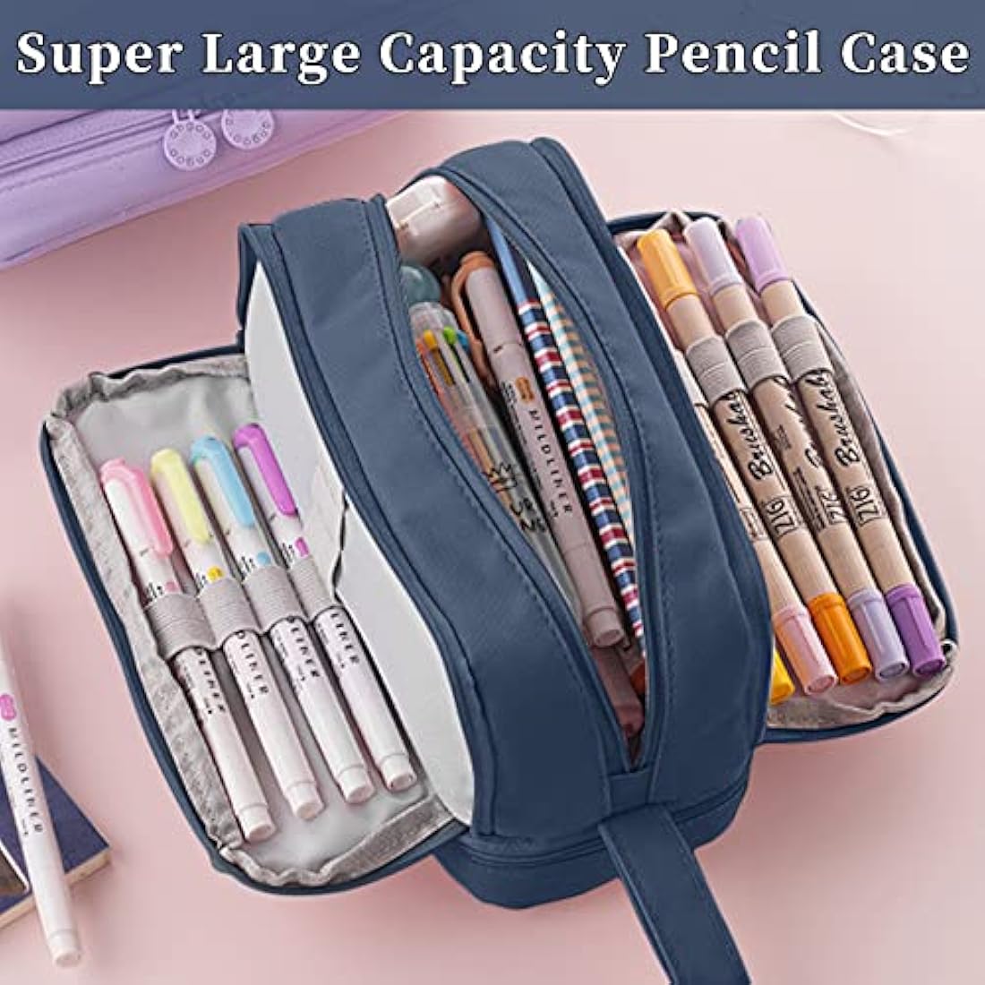 Tesmien Large Pencil Case | 4-Compartment Canvas Stationery Bag - Dark Blue