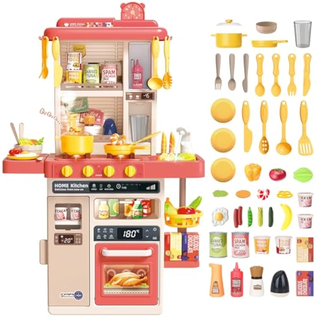 deAO Kids Kitchen Playset with Lights, Steam & Accessories - Pink
