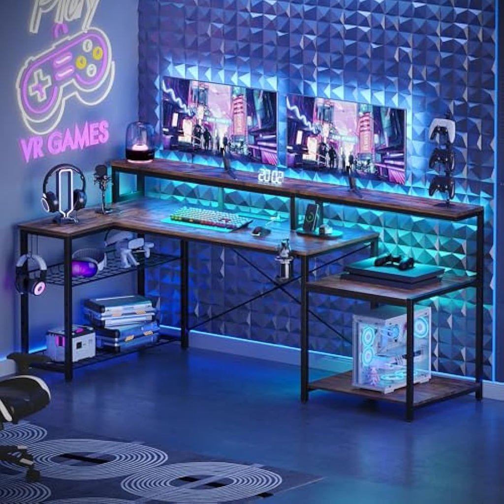 Bestier 181cm L-Shaped Gaming Desk with LED Lights and Power Outlets