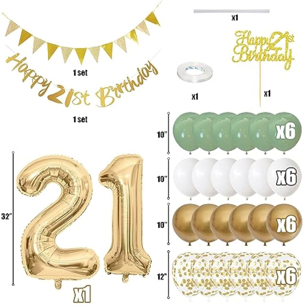 21st Birthday Decorations - Sage Green & Gold Party Supplies Kit