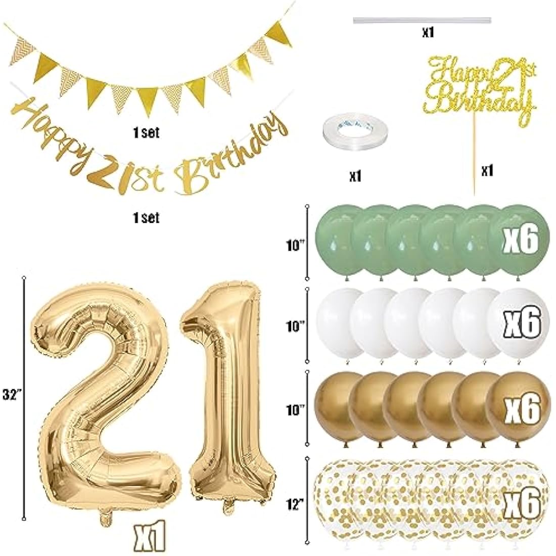 21st Birthday Decorations - Sage Green & Gold Party Supplies Kit