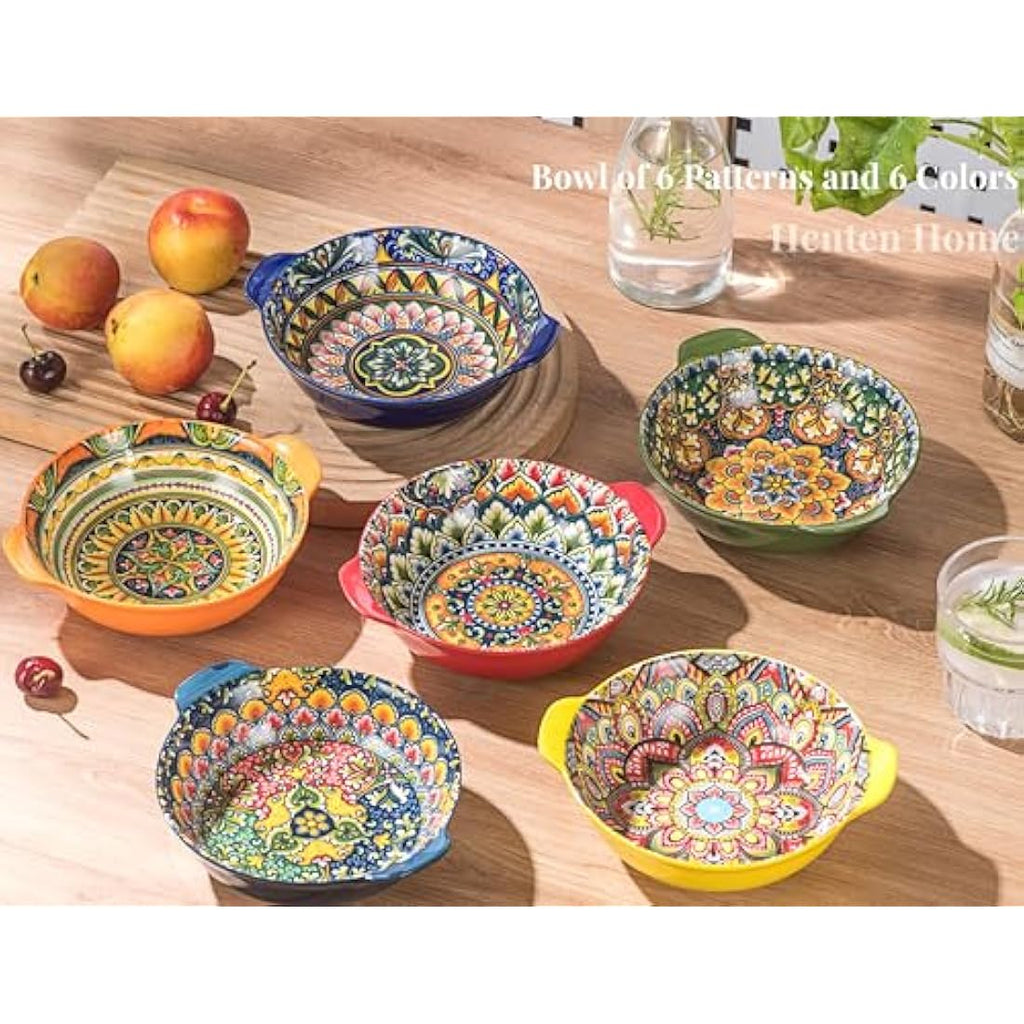 Henten Home Bohemian Ceramic Bowls Set - 6pc Colorful Porcelain with Handles