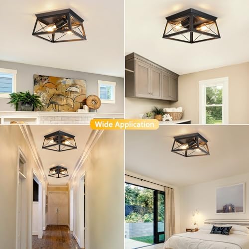 FORCOSO Industrial Flush Mount Ceiling Light – 2-Light Black Metal Cage
