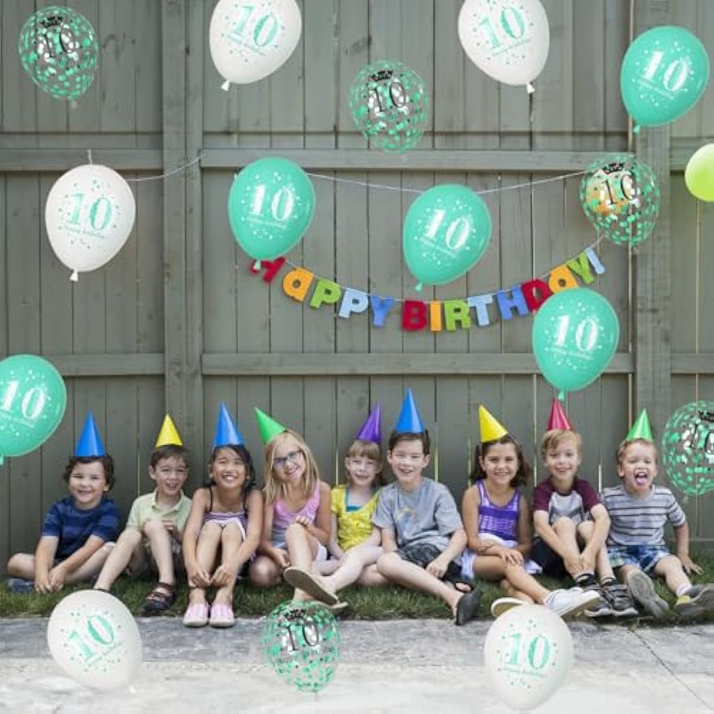 10th Birthday Balloons – 15pc Teal & White Party Decorations