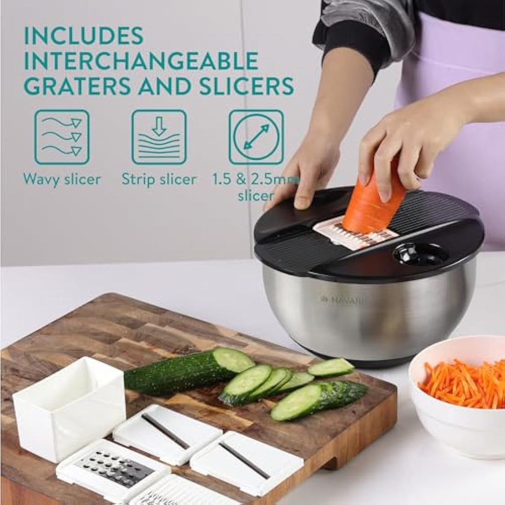 Navaris Stainless Steel Salad Spinner with 5 Grater & Slicer Discs