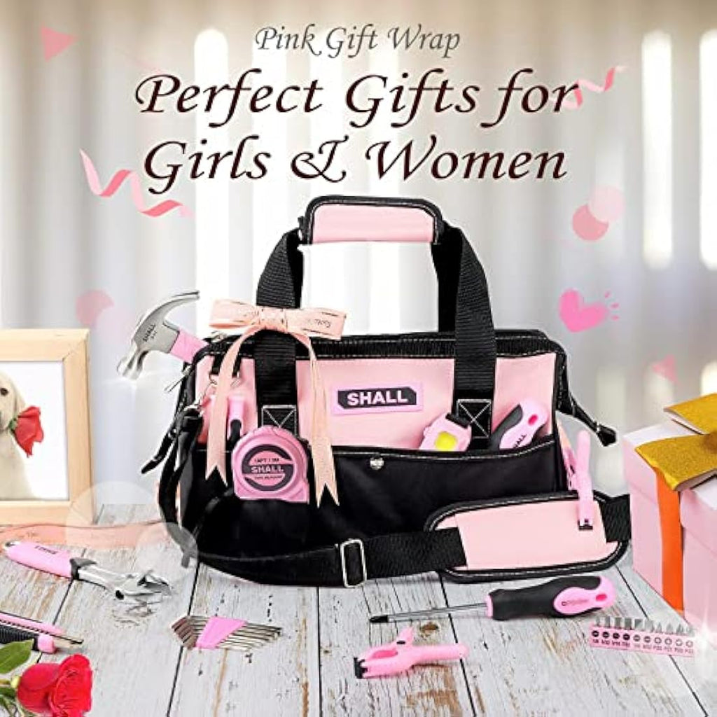 SHALL Pink Tool Set | 246-Piece Home Tool Kit for Women with 14" Bag