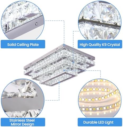 Finktonglan Modern Crystal LED Ceiling Light | 20” Rectangular Flush Mount