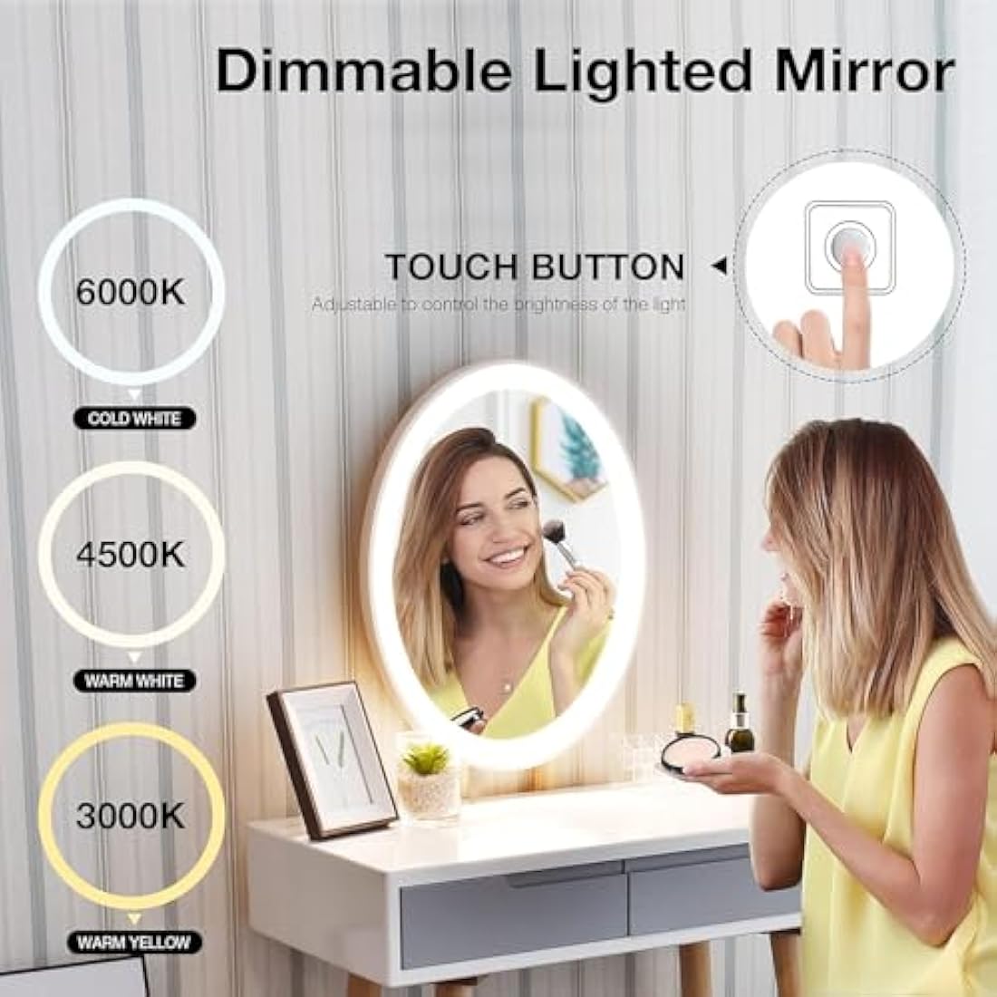YOURLITE Vanity Table Set with LED Oval Mirror and Cushioned Stool - White