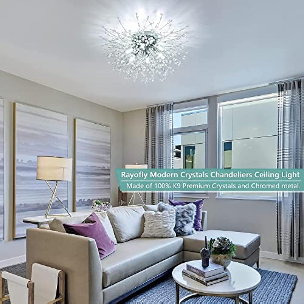 Rayofly Modern Fireworks Crystal Ceiling Light | 6-Light Chrome Chandelier