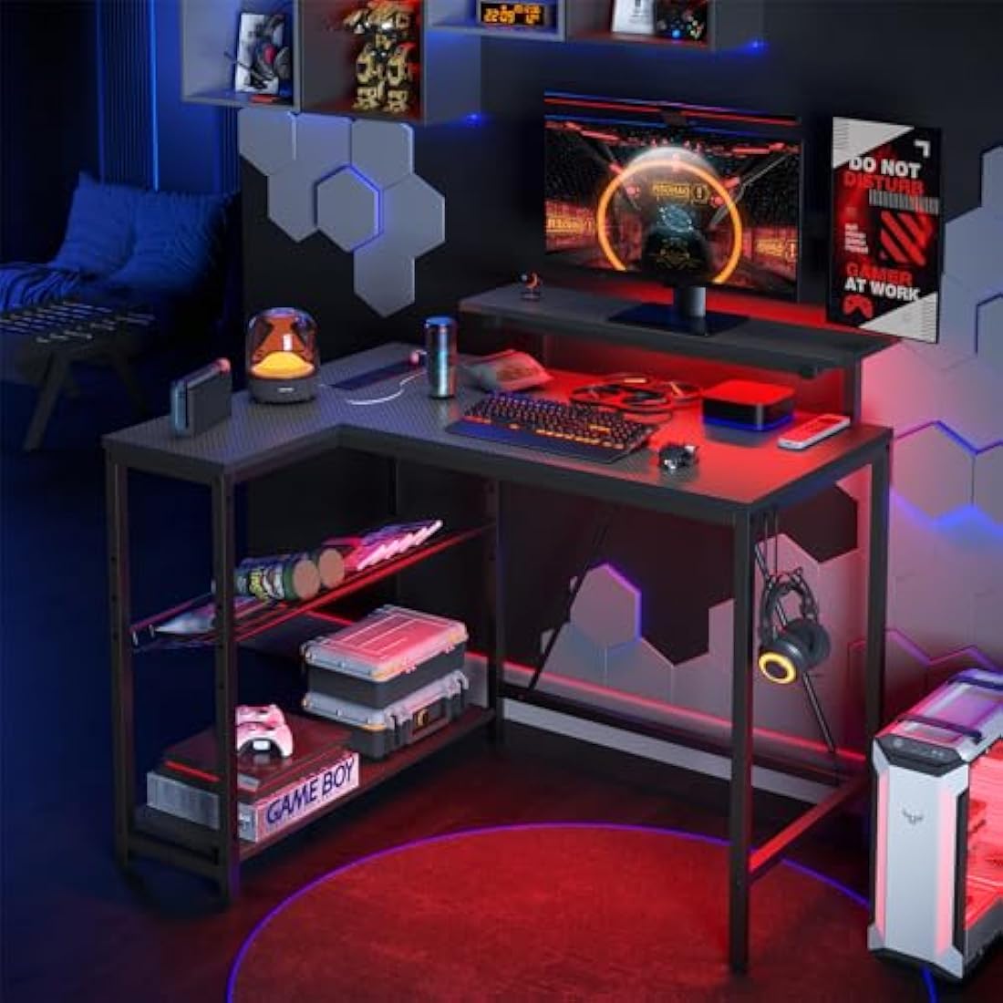 L-Shaped Gaming Desk – Carbon Fiber Corner Desk with RGB LED