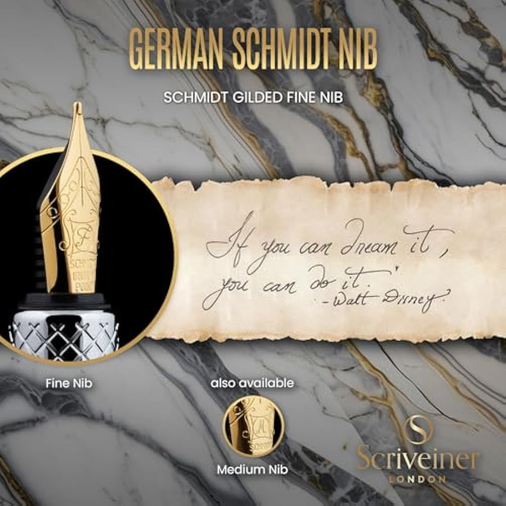 Scriveiner Silver Chrome Fountain Pen | Fine Schmidt Nib Gold Plated