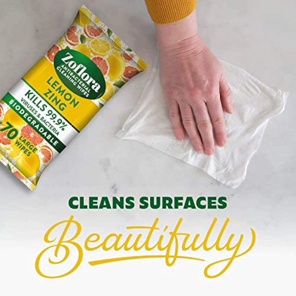 Zoflora Lemon Zing Biodegradable Antibacterial Wipes | 6 x 70 Pack