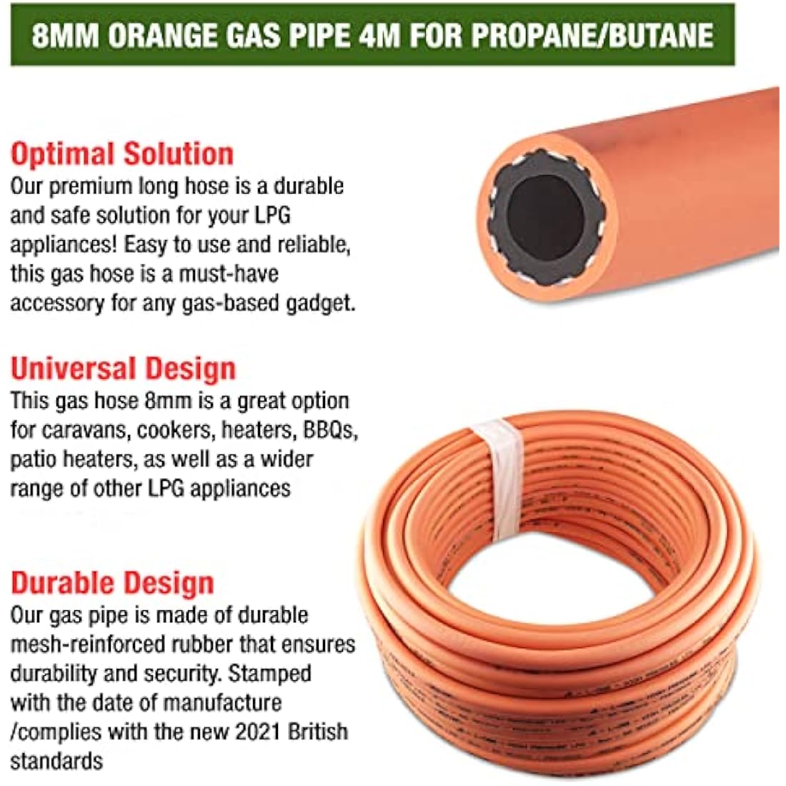 MYPURECORE 4m 8mm High-Pressure Gas Hose Pipe with 2 Clips for LPG BBQ