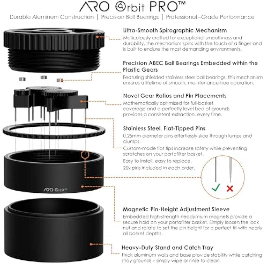 ARO Orbit PRO Aluminum Spirographic WDT Espresso Distribution Tool - Black