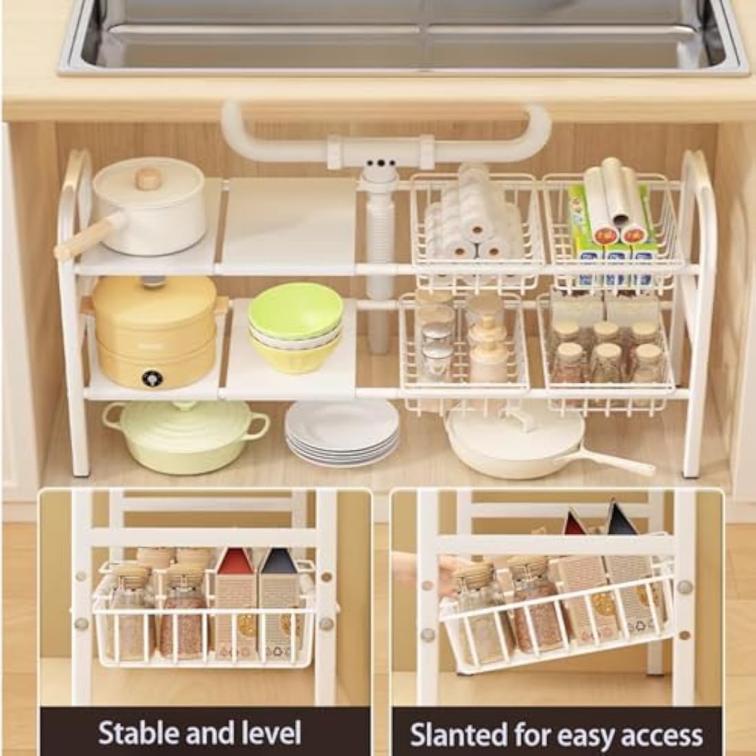 Jolof Store 2-Tier Under Sink Organiser – Expandable White Kitchen Shelf