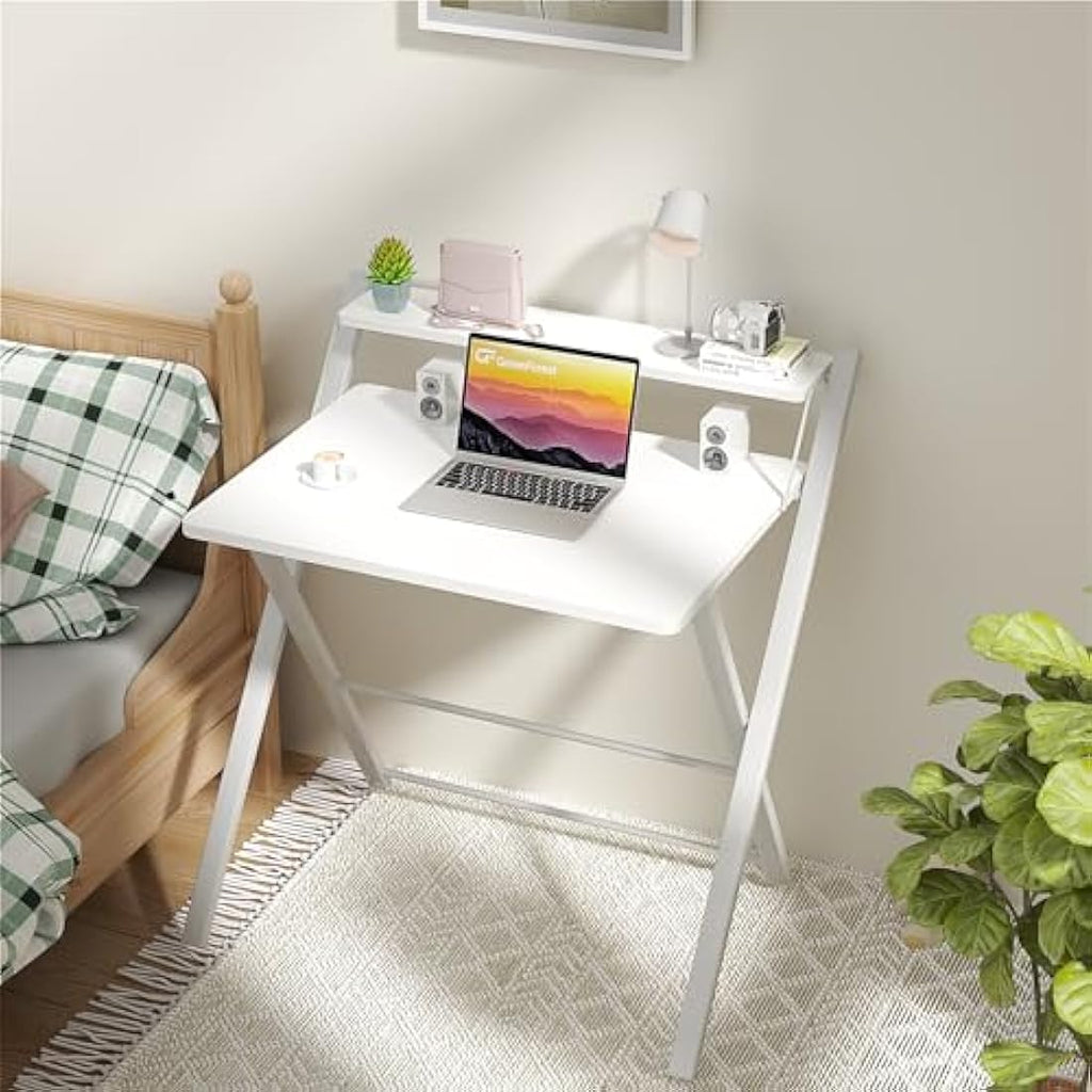 Folding Computer Desk with Monitor Shelf - White