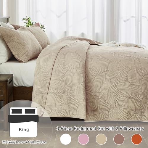 Qucover Cotton Quilted Bedspread Set | Super King Palm Leaf Embroidery