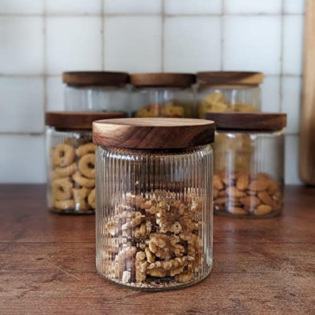 Mason & Fable Ribbed Glass Jars with Acacia Wood Lids - 500ml Set of 3