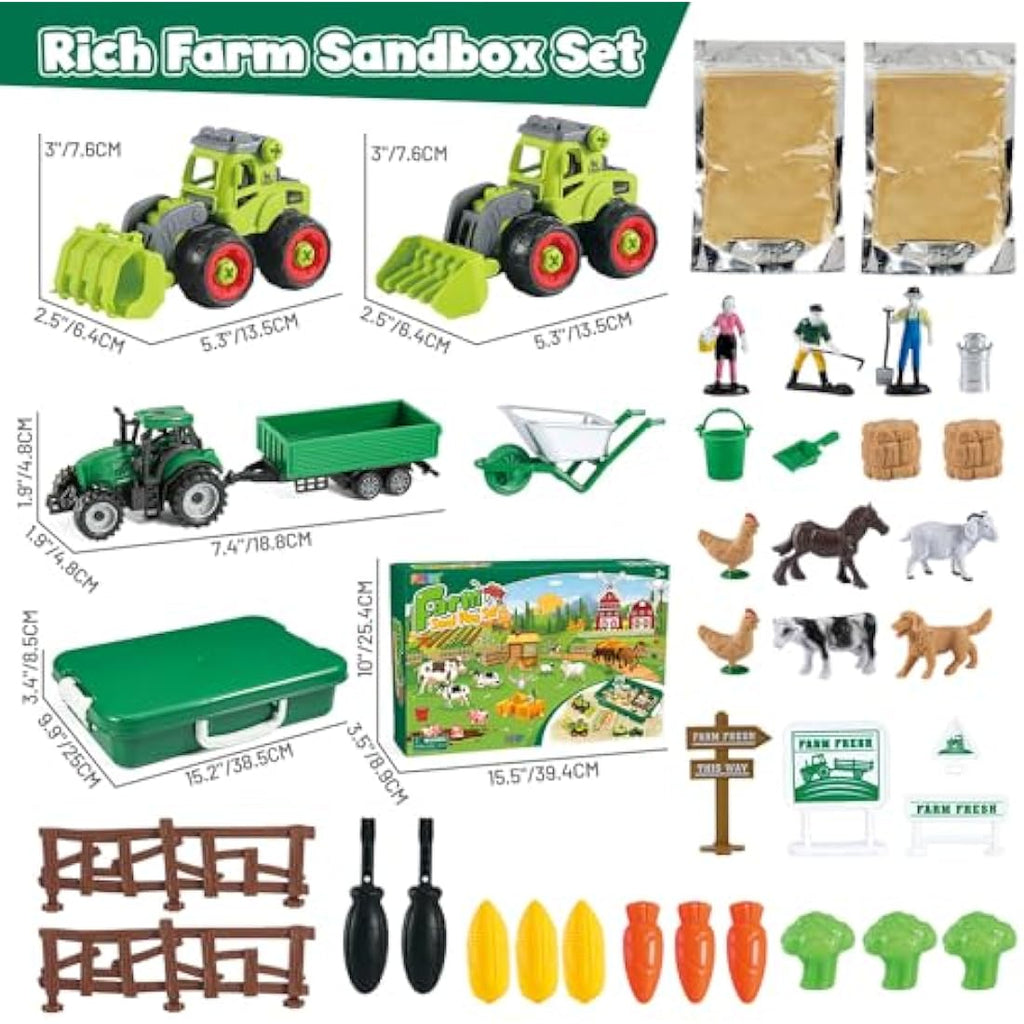 FRUSE Farm Animal Play Sand Set – 38pc Sensory Sandbox with Tractor Toys