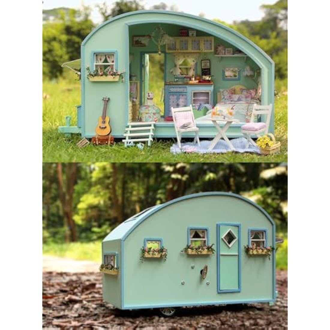 Cuteroom DIY Miniature Wooden Dollhouse Kit – Caravan Model with Music Box