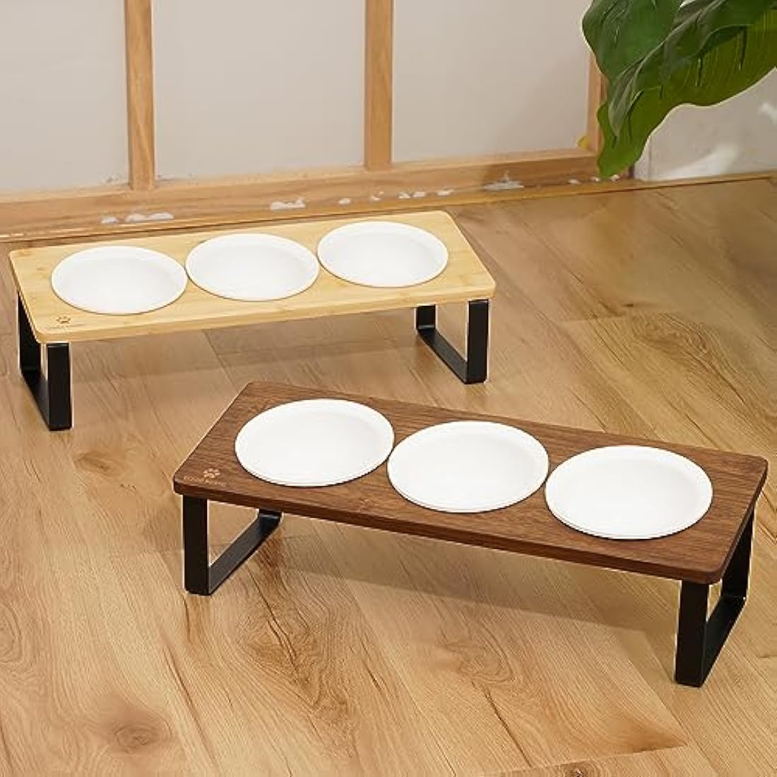 GUUSII HOME Elevated Cat Bowl Set - 3 Tilted Ceramic Bowls with Bamboo Stand
