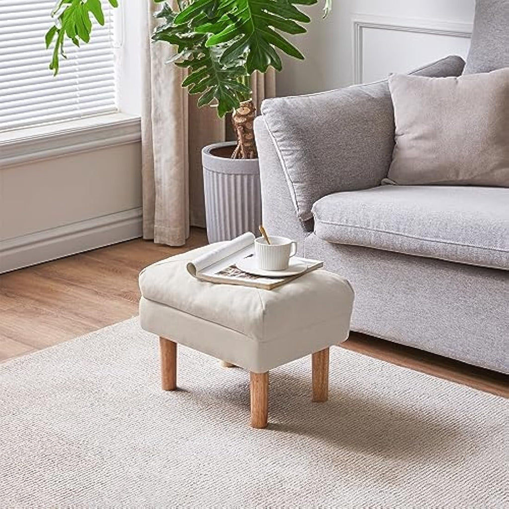 YMYNY Small Ottoman Footstool | Padded Beige Wooden Shoe Stool