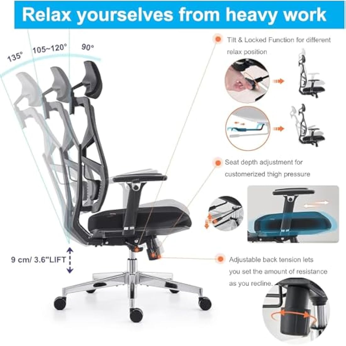 HOLLUDLE Ergonomic Office Chair – High Back Mesh Desk Chair with 4D Armrests