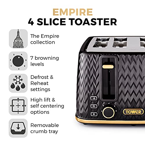 Tower Empire 4-Slice Toaster | 1600W with Defrost & Reheat - Black