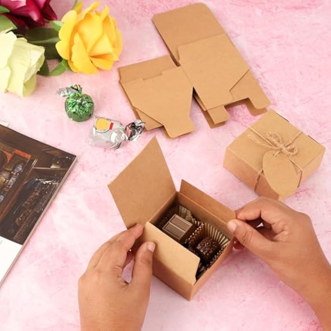 Belle Vous Brown Kraft Gift Boxes with Lids - 50 Pack Small Wedding Favours
