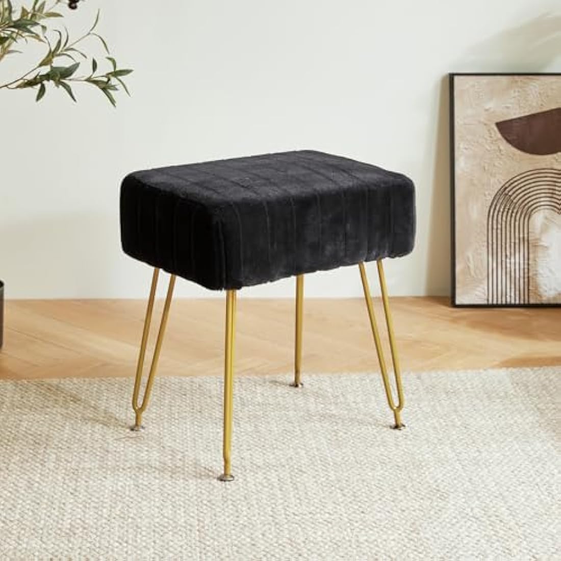 IBUYKE Velvet Rectangular Vanity Stool – Modern Ottoman with Gold Legs
