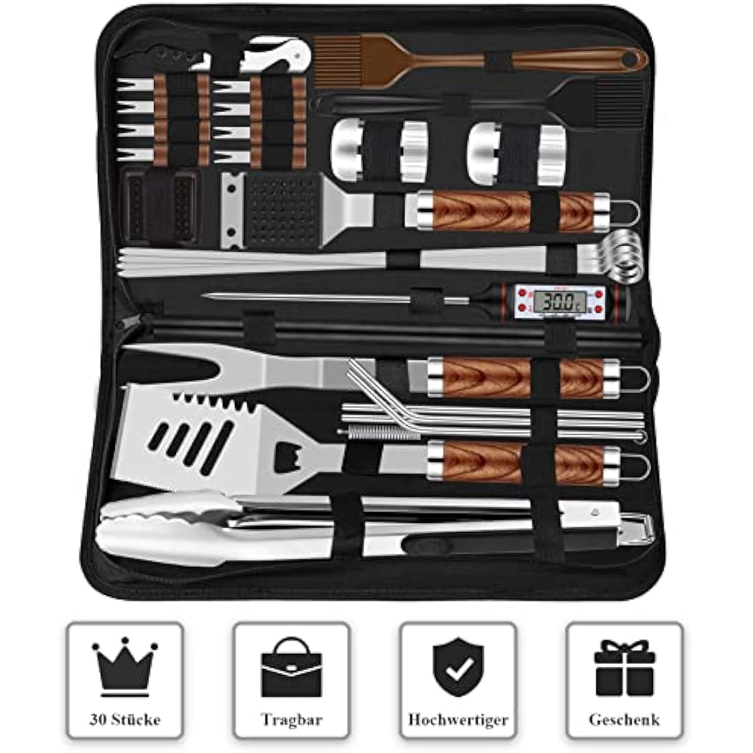 Grilliance 30-Piece Stainless Steel BBQ Grill Tools Set with Carrying Bag