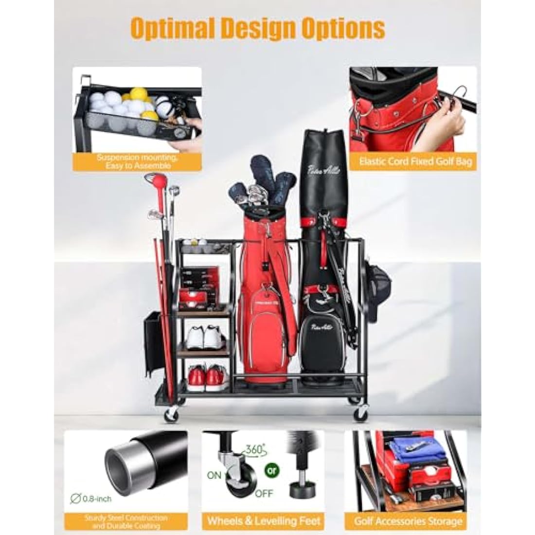 Jolof Store Extra-Large Golf Bag Storage Organizer – Rolling Steel Rack