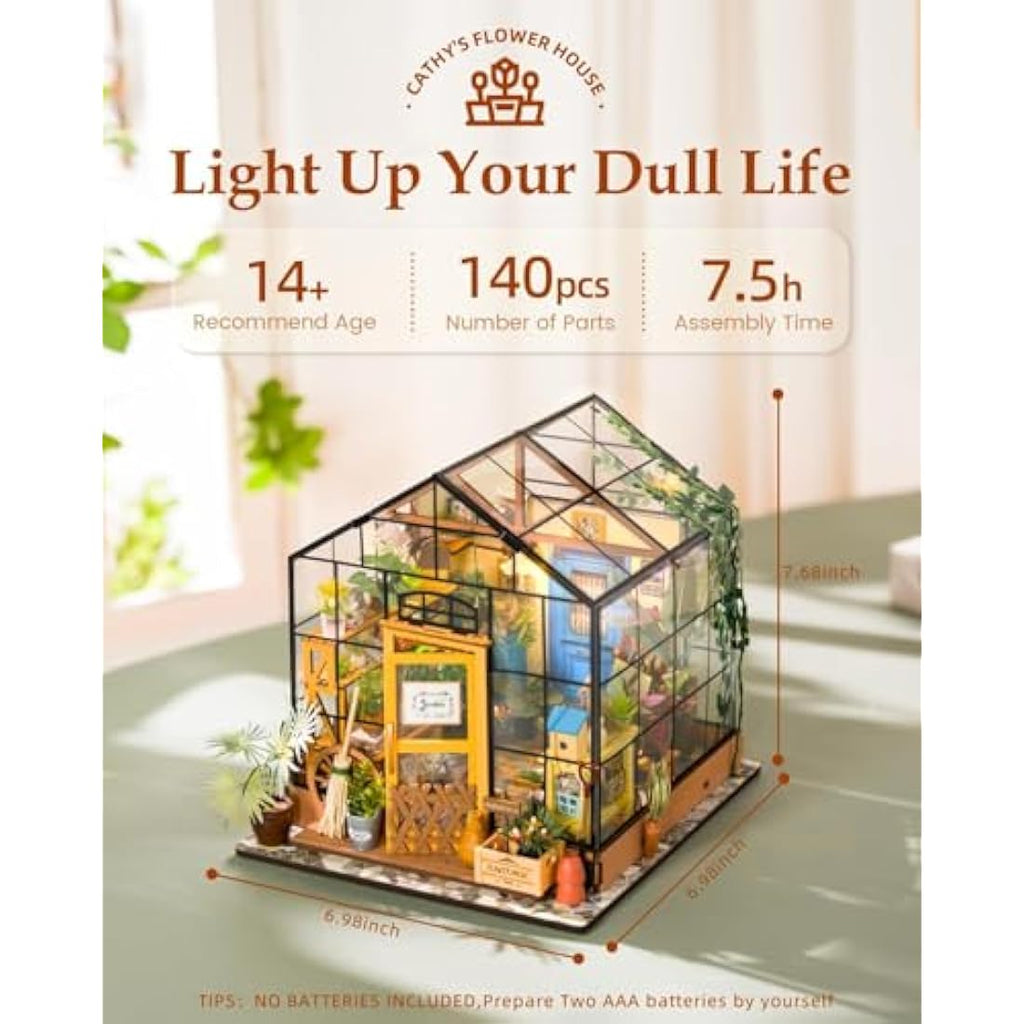 ROWOOD DIY Miniature Greenhouse Dollhouse Kit with LED Light - Wooden Model