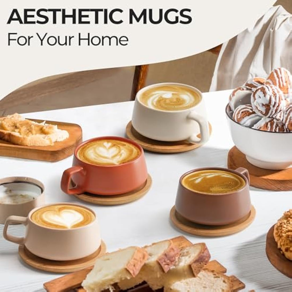 MIAMIO Ceramic Coffee Cup Set with Bamboo Saucers - 320ml Beige Pastel