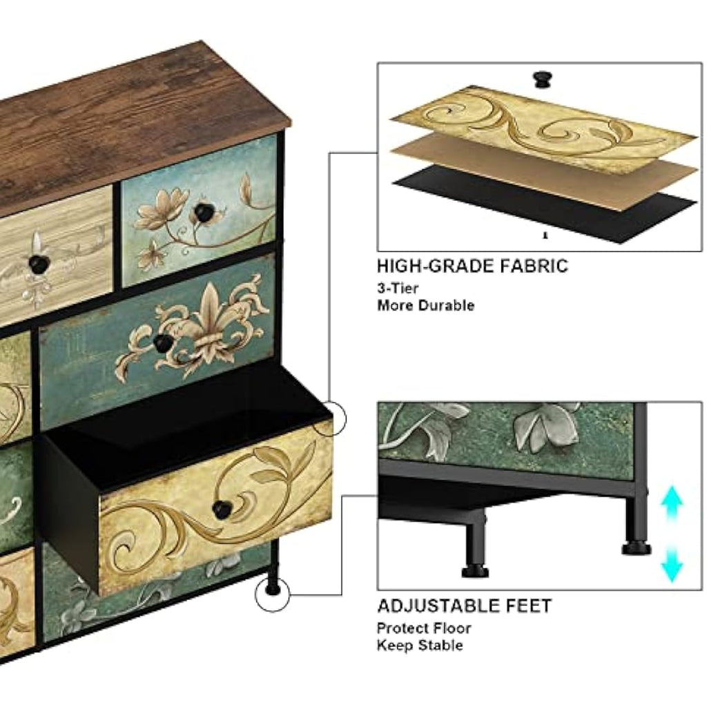 VEDECASA 9-Drawer Fabric Dresser – Retro Floral Chest for Bedroom