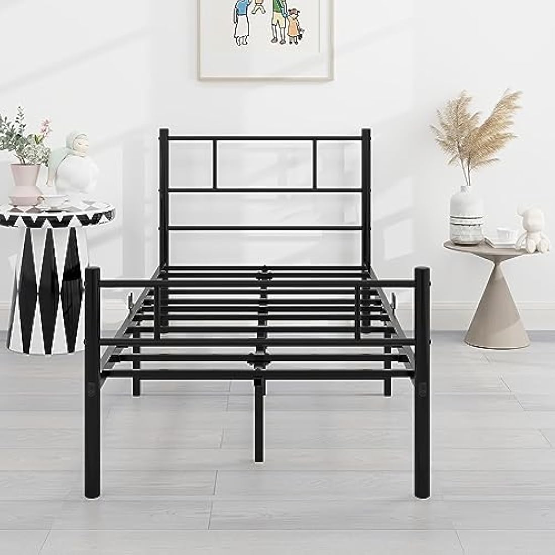 HOMERECOMMEND 3ft Single Metal Bed Frame with Headboard - Black Steel