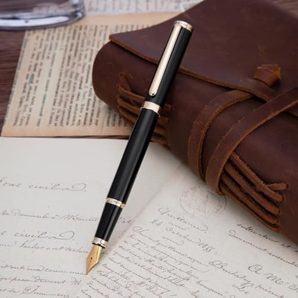 Luxury Black Fountain Pen – 24K Gold Gilded Fine Nib