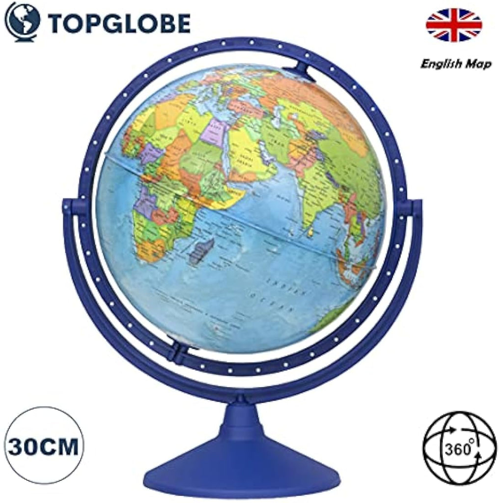 TopGlobe 30cm Educational World Globe – 360° Rotating Desktop Map