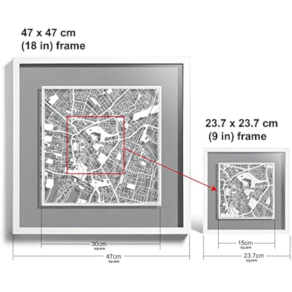 Cambridge Paper Cut Map Framed Wall Art | Jolof Store 9x9 White Frame