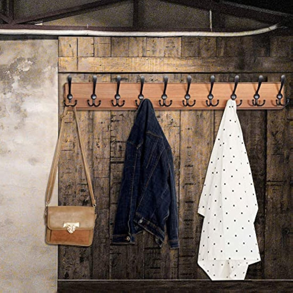 WEBI 98cm Solid Wood Wall Mounted Coat Rack with 10 Triple Hooks