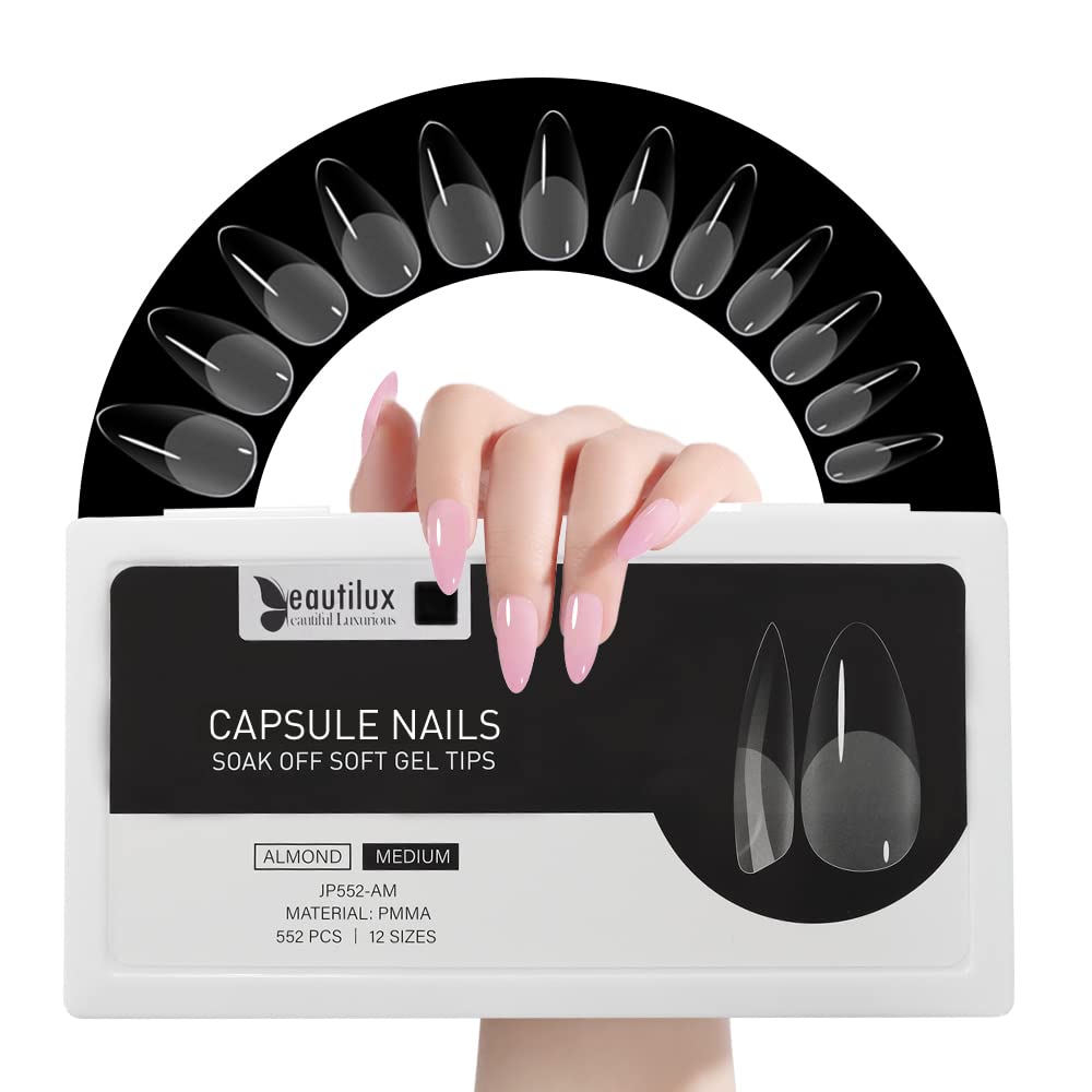 Beautilux Soft Gel Nail Tips | 552 Pcs Medium Almond Full Cover Acrylic