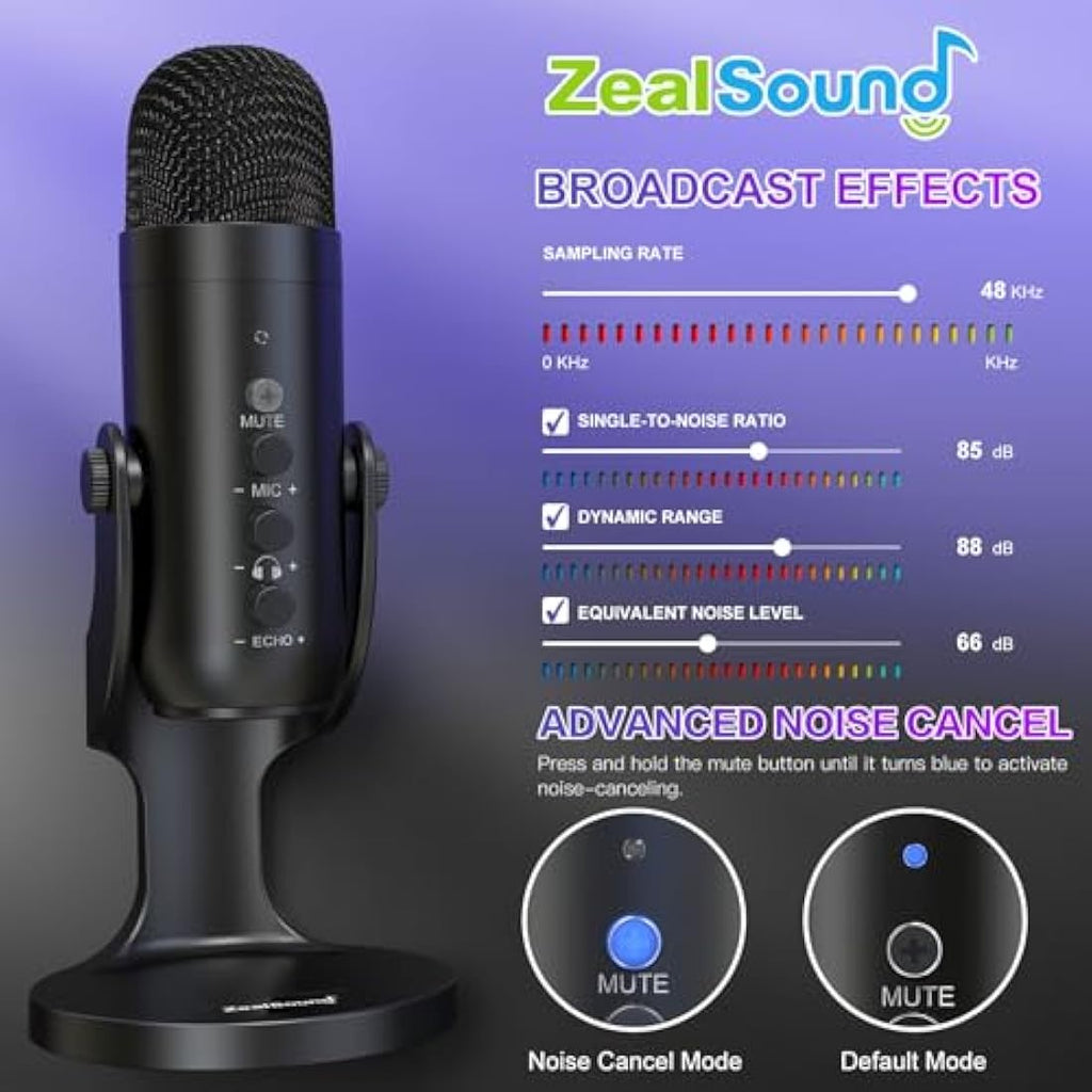 ZealSound USB Condenser Gaming Microphone for PC, PS5 & iPhone – Mute & Echo