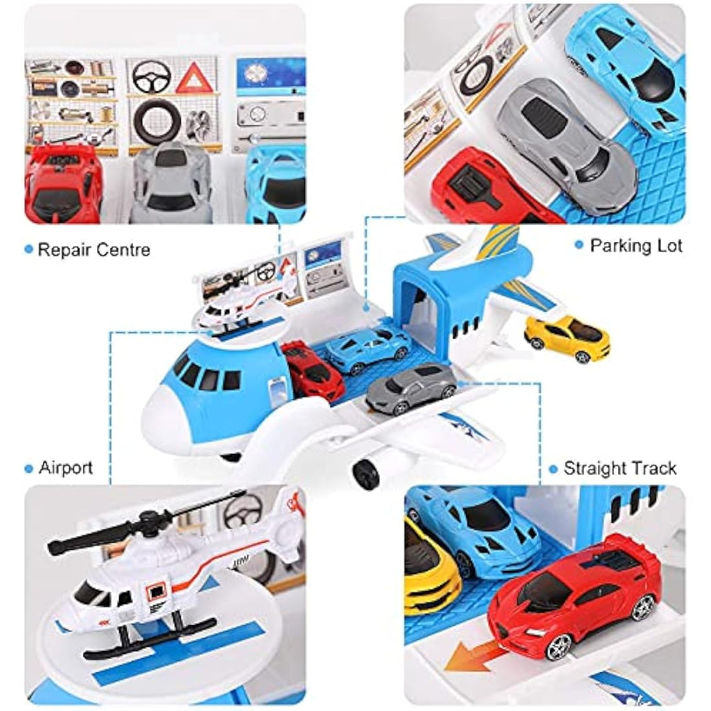 Transport Cargo Airplane Toy Set with 4 Cars and Helicopter