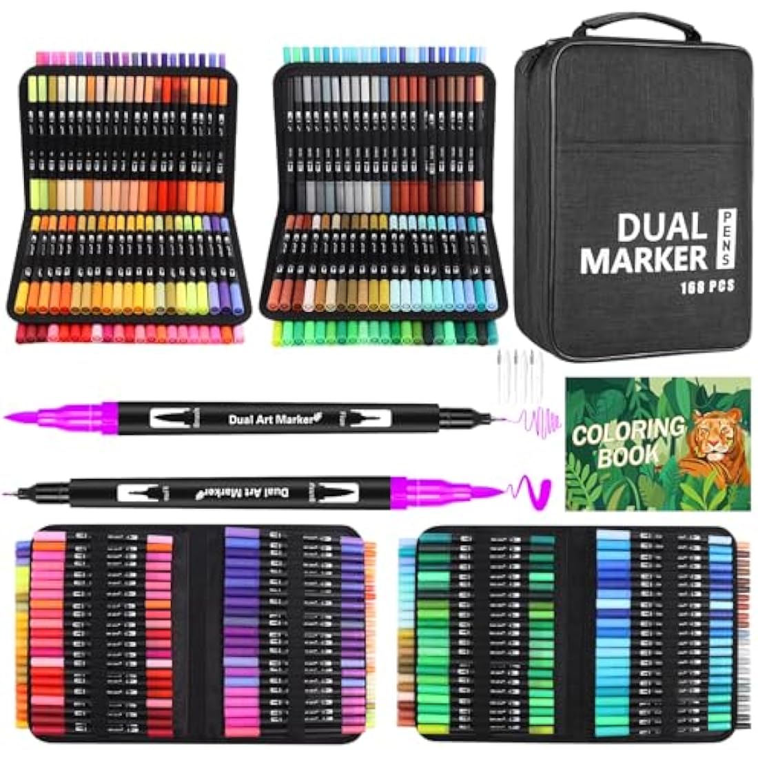 Sanyetral 168 Dual Tip Brush Pens | Art Set with Coloring Book
