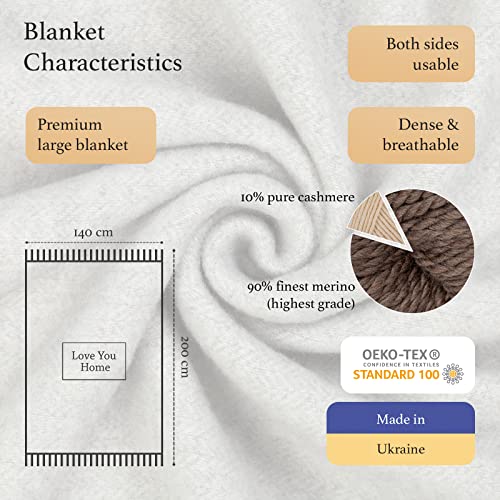 LYHome Cashmere & Merino Wool Throw - Grey Herringbone Blanket, 140x200cm