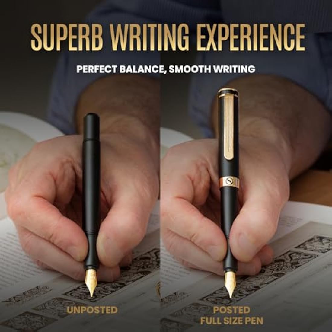 Scriveiner Luxury EDC Fountain Pen – Black Pocket Pen with Gold Nib