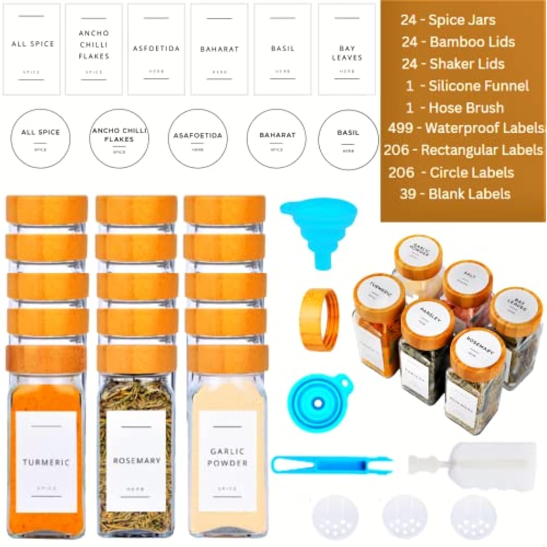 Fix Space 24-Piece Glass Spice Jars with Bamboo Lids & 499 Labels