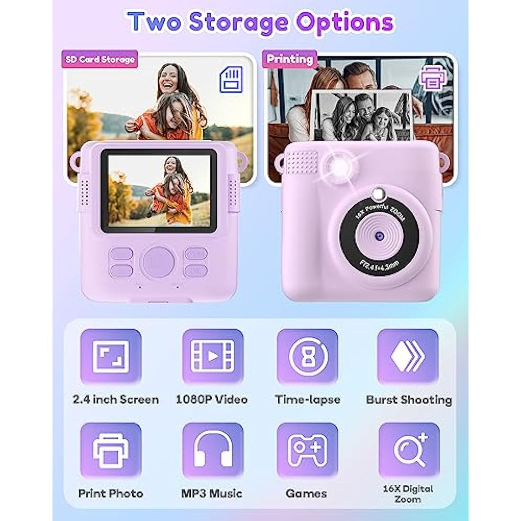 YORKOO Kids Instant Print Camera – 1080P HD Digital Toy with 32GB SD Card